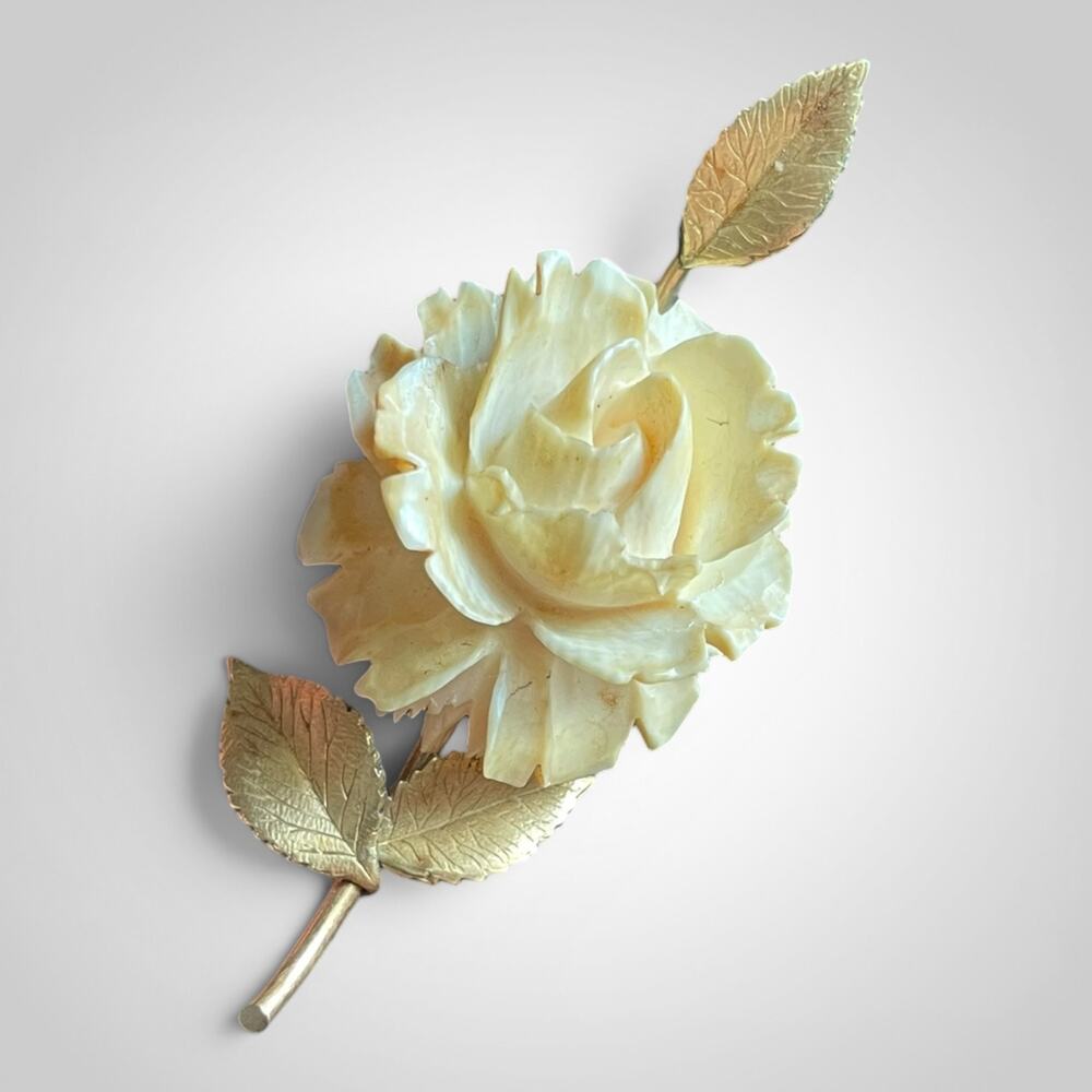 Vintage Krementz Carved Resin Rose Brooch Gold Overlay Flower Stem Pin